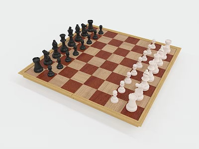 Chess Game Setup on Wooden Chessboard with Black and White Pieces 3d model