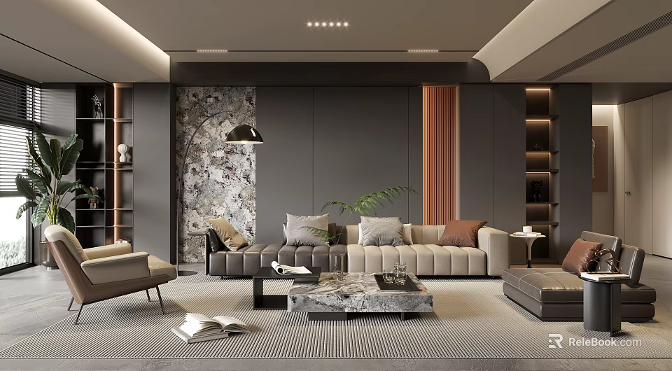 Modern Living Room Interior With Gray Walls Decorative Wallpaper Beige Sofa And Marble Coffee Table 3d model 