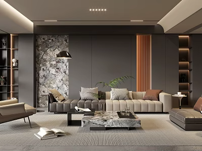 Modern Living Room Interior With Gray Walls Decorative Wallpaper Beige Sofa And Marble Coffee Table 3d model