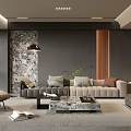 Modern Living Room Interior With Gray Walls Decorative Wallpaper Beige Sofa And Marble Coffee Table
