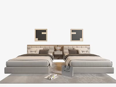 Stylish Single Beds With Upholstered Headboards Nightstand Decorative Paintings And Rug With Magazines 3d model