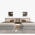 Stylish Single Beds With Upholstered Headboards Nightstand Decorative Paintings And Rug With Magazines