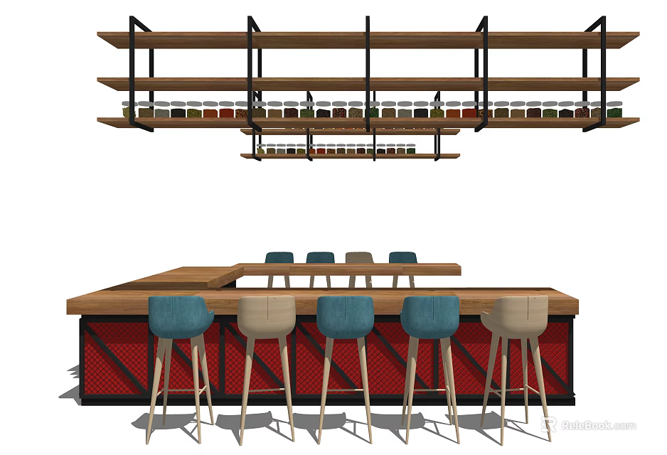 Modern Bar Counter With Blue Beige Stools And Overhead Shelves With Bottles 3d model 