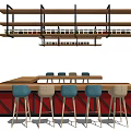 Modern Bar Counter With Blue Beige Stools And Overhead Shelves With Bottles