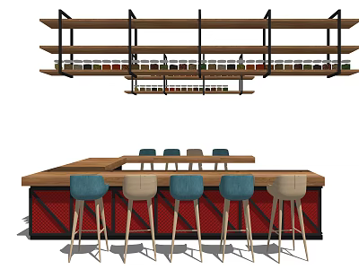 Modern Bar Counter With Blue Beige Stools And Overhead Shelves With Bottles 3d model
