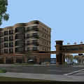Bronze Arch Entrance Gate of Modern Building with Tower Structures and Glass Windows Along Driveway