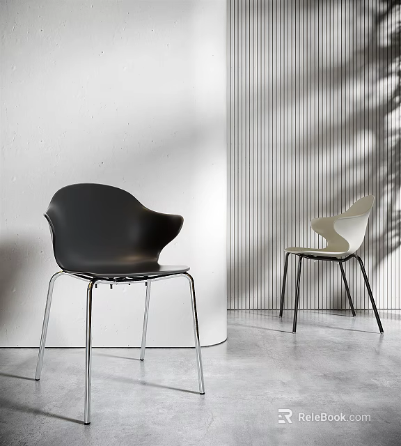 Modern Black and Light Dining Chairs with Curved Seats and Metal Legs in Minimalist Interior 3d model 