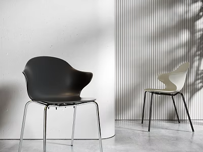 Modern Black and Light Dining Chairs with Curved Seats and Metal Legs in Minimalist Interior 3d model