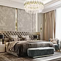 Elegant Modern Bedroom Interior With Upholstered Headboard Crystal Chandelier Rug Ottoman Nightstands And Table Lamps