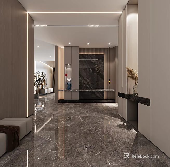 Modern Foyer Hallway Interior Design With Marble Flooring Recessed Lighting And Decorative Vase 3d model 