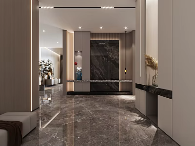 Modern Foyer Hallway Interior Design With Marble Flooring Recessed Lighting And Decorative Vase 3d model