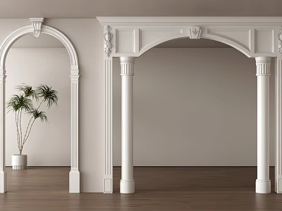 Interior With White Archways Columns Green Plant Wooden Floor And White Walls 3d model