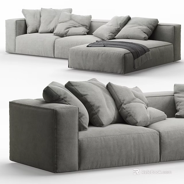 Gray Sectional Sofa with Plush Cushions Modern Fabric Design and Chaise Lounge 3d model 