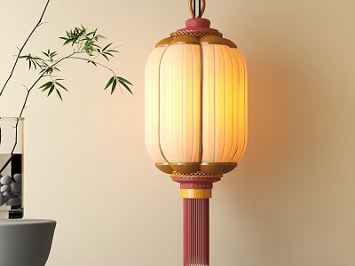 Traditional Chinese Lantern With Warm Yellow Light And Bamboo Branches Near Glass Vase 3d model