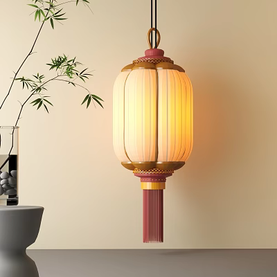 Traditional Chinese Lantern With Warm Yellow Light And Bamboo Branches Near Glass Vase 3d model