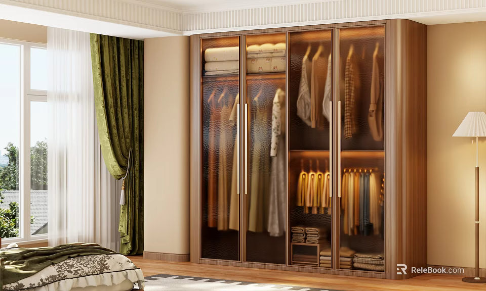 Modern Wardrobe Interior With Glass Doors Hanging Garments And Folded Clothes 3d model 