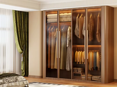 Modern Wardrobe Interior With Glass Doors Hanging Garments And Folded Clothes 3d model