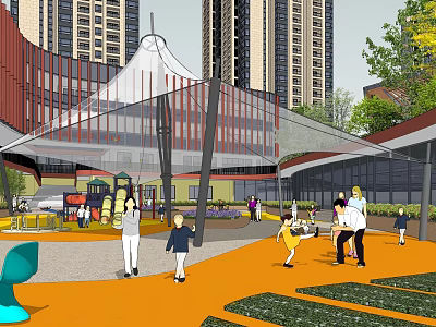 Modern Commercial Street With High Rise Buildings Children Playing Orange Ground And Green Plants 3d model