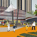 Modern Commercial Street With High Rise Buildings Children Playing Orange Ground And Green Plants