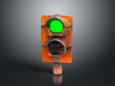 Rusty Orange Traffic Light Featuring Green Illuminated Signal And Metal Base 3d model
