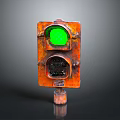 Rusty Orange Traffic Light Featuring Green Illuminated Signal And Metal Base