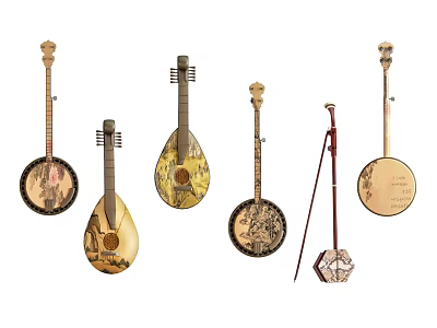 Decorative Traditional Musical Instruments and Painting Supplies with Artistic Designs 3d model