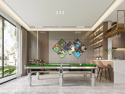 Modern Billiard Room With Pool Table And Decorative Art 3d model