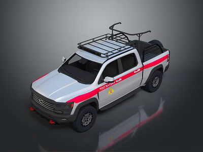 White Pickup Truck With Red Stripes And Roof Rack For Rescue Operations 3d model