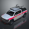 White Pickup Truck With Red Stripes And Roof Rack For Rescue Operations