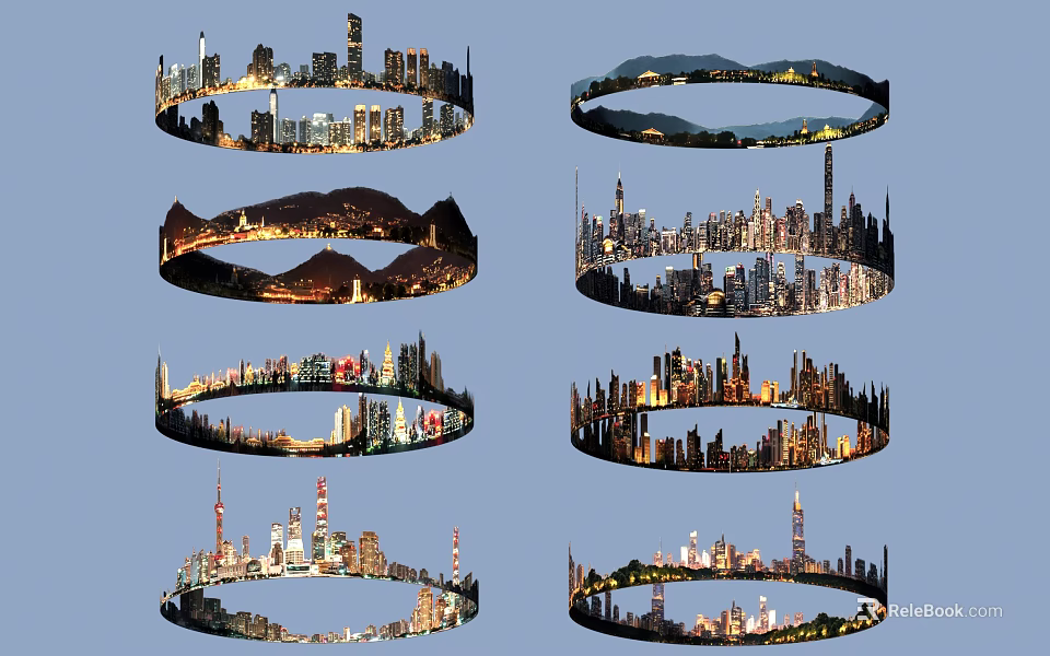 Circular City Skyline Night Views With Illuminated Buildings And Urban Landscapes 3d model 
