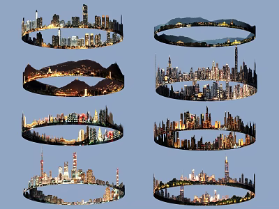 Circular City Skyline Night Views With Illuminated Buildings And Urban Landscapes 3d model