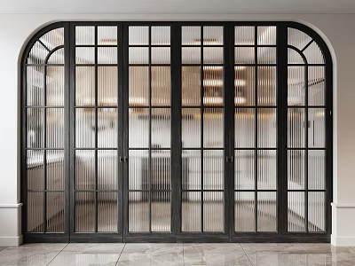 Black Frame Glass Sliding Doors Featuring Grid Pattern And Arched Design In Modern Interior 3d model
