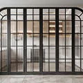 Black Frame Glass Sliding Doors Featuring Grid Pattern And Arched Design In Modern Interior 3d model