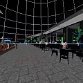 Modern Restaurant Outdoor Dining Space With Warm Lighting Green Plants And Cobblestone Pavement