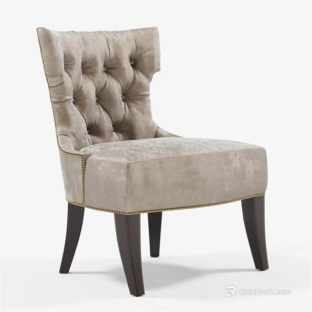 Beige Tufted High Back Accent Chair With Dark Wooden Legs And Gold Nailhead Trim 3d model 