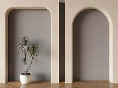 Beige Architectural Arches with Gray Background Wall and Potted Plant on Wooden Floor 3d model