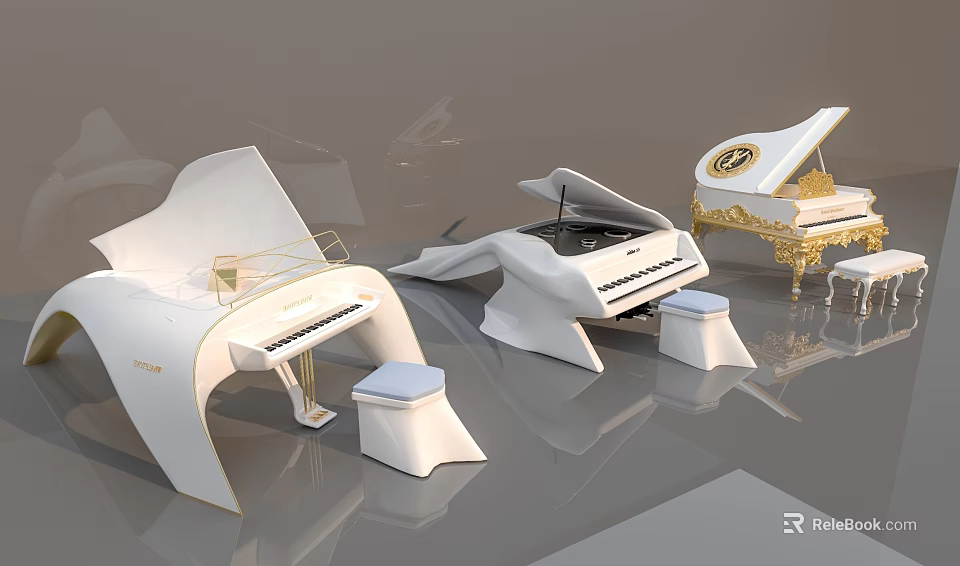 Elegant White Pianos Modern Design Instruments With Gold Accents And Stools 3d model 