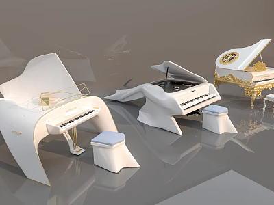Elegant White Pianos Modern Design Instruments With Gold Accents And Stools 3d model