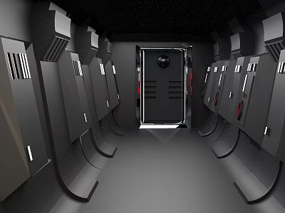 Futuristic Architectural Corridor With Gray Metal Panels Circular Window And Sleek Gray Floor 3d model