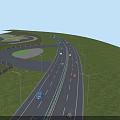 Municipal Road Design With Multiple Lanes Street Lamps Green Grass Roundabout And Vehicles