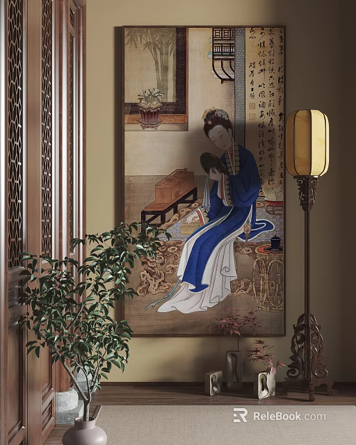 Traditional Chinese Figure Painting Of Noble Lady In Blue Robe With Classic Decor 3d model 