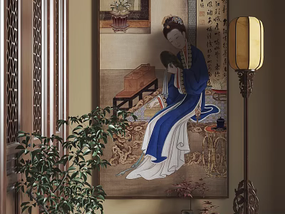 Traditional Chinese Figure Painting Of Noble Lady In Blue Robe With Classic Decor 3d model