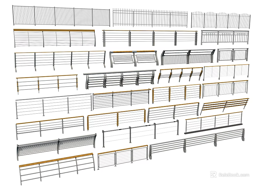 Various Fence Styles Showcasing Metal Railings and Horizontal Bar Structures 3d model 