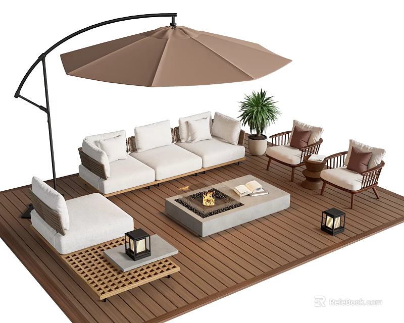 Outdoor Landscape Seating with Deck Umbrella Fire Pit Plants and Cushions 3d model 