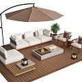 Outdoor Landscape Seating with Deck Umbrella Fire Pit Plants and Cushions