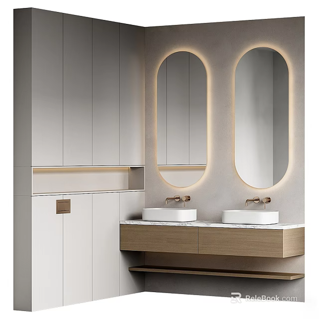 Modern Bathroom With Double Sinks Backlit Oval Mirrors Marble Countertop And White Cabinets 3d model 