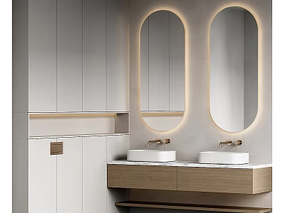 Modern Bathroom With Double Sinks Backlit Oval Mirrors Marble Countertop And White Cabinets 3d model
