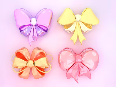 Bow Shaped Metallic Jewelry Pieces in Purple Yellow Orange Pink on Soft Pink Background 3d model
