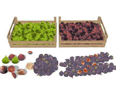 Fresh Figs in Wooden Crates with Green and Red Varieties and Scattered Fruits 3d model