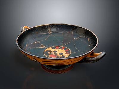 Sculpted Carvings On Ancient Pottery Plate With Decorative Handles And Intricate Design 3d model